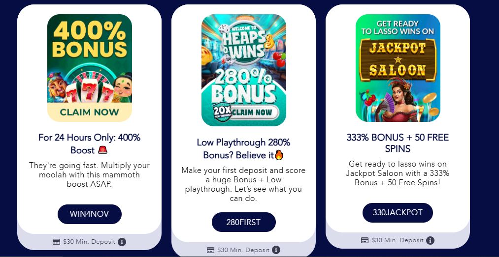 Claim welcome deposit bonuses with promo codes at Heaps Of Wins