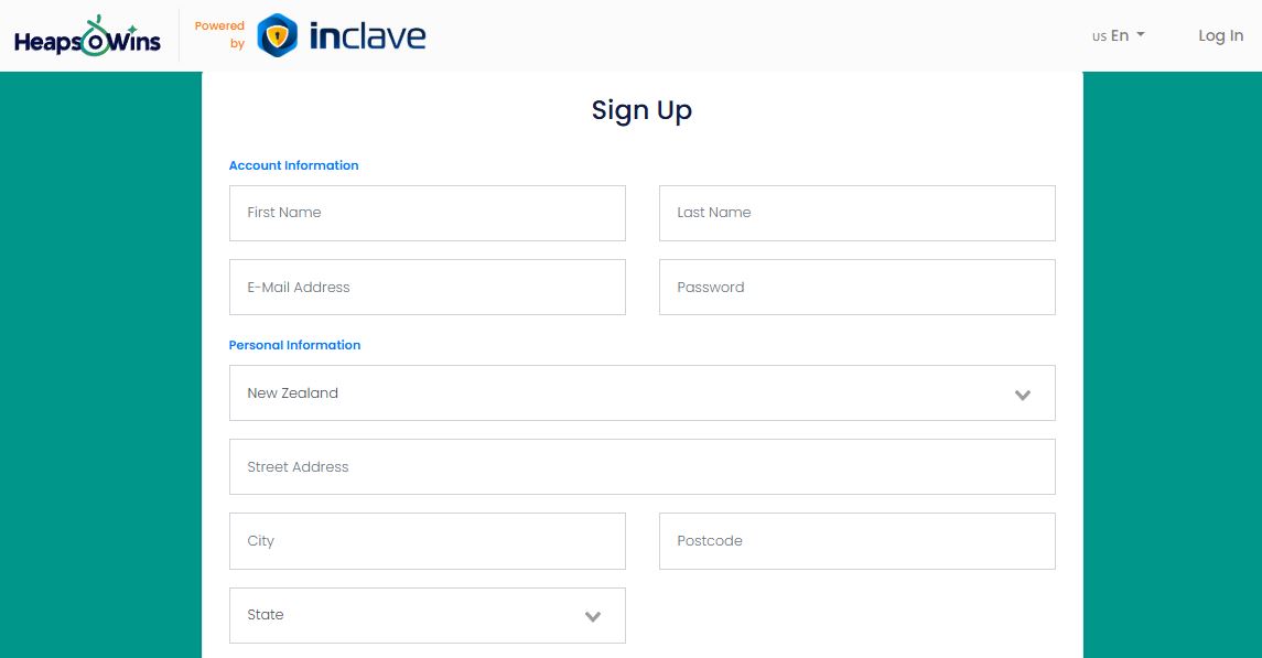 Register new Heaps Of Wins account by entering personal information
